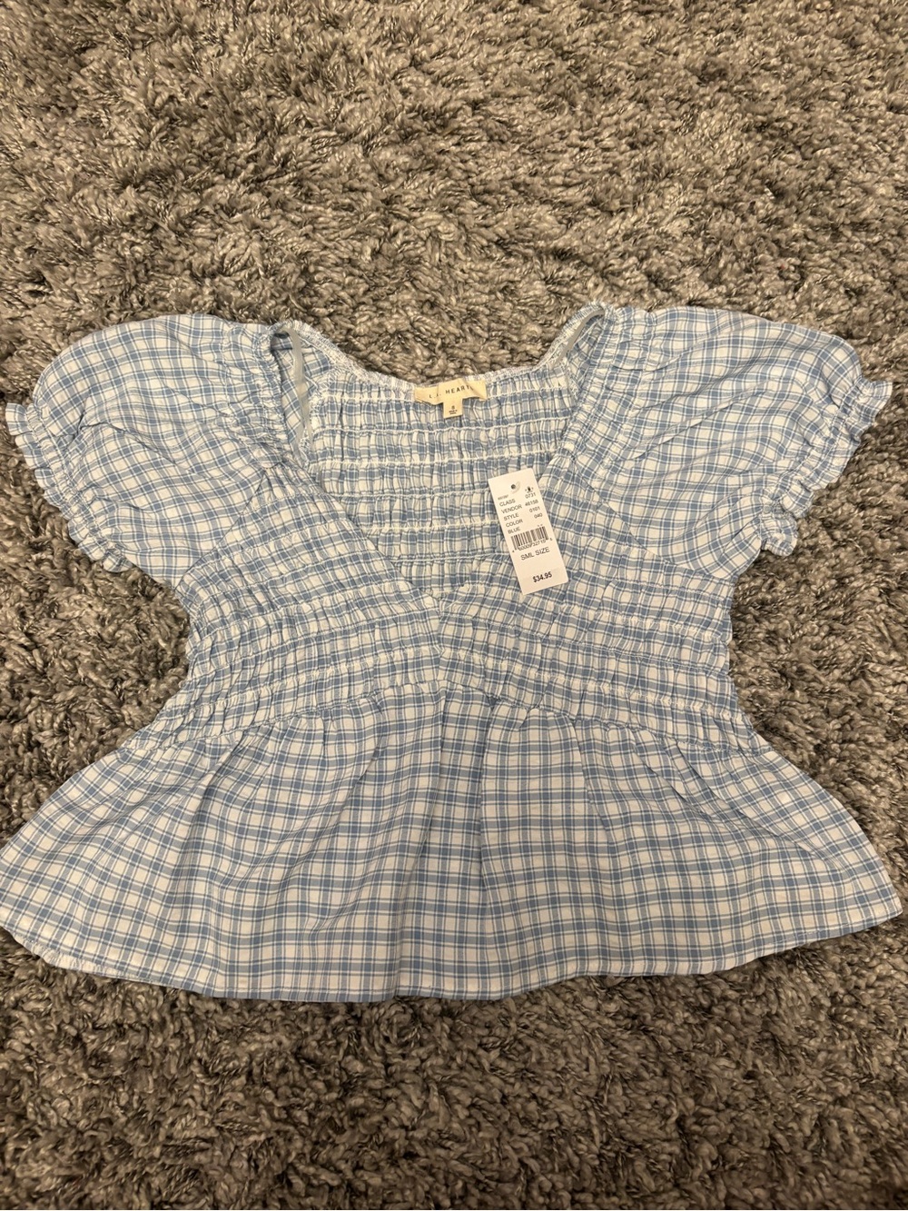 La Hearts Light Blue Plaid Smocked Peplum Top
